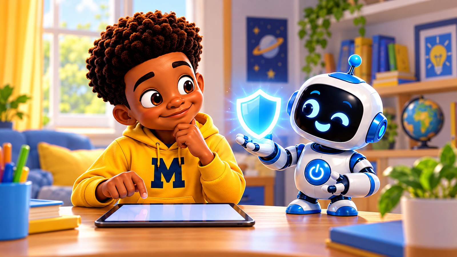 Marcus and Byte pause before sharing on a tablet