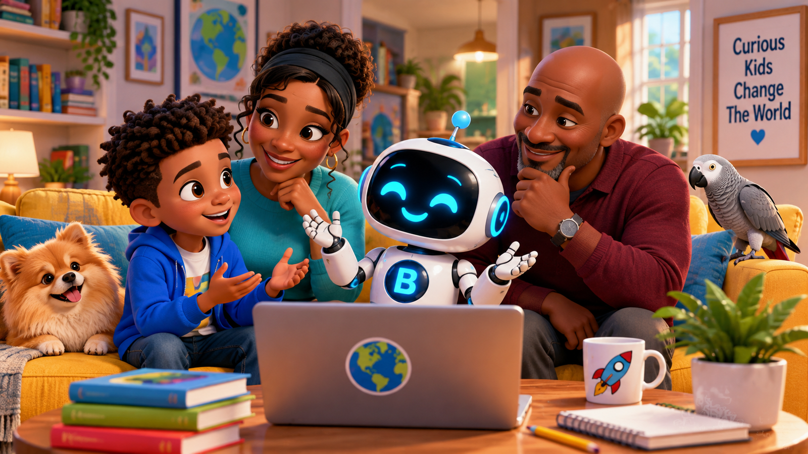 Marcus, his parents and Byte exploring artificial intelligence together as a family